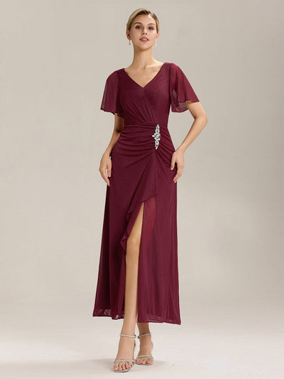 Rhinestone Embellished Chiffon Ruffle Sleeve Mother of the Bride Dress #color_Burgundy