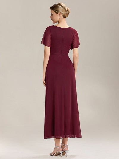 Rhinestone Embellished Chiffon Ruffle Sleeve Mother of the Bride Dress #color_Burgundy