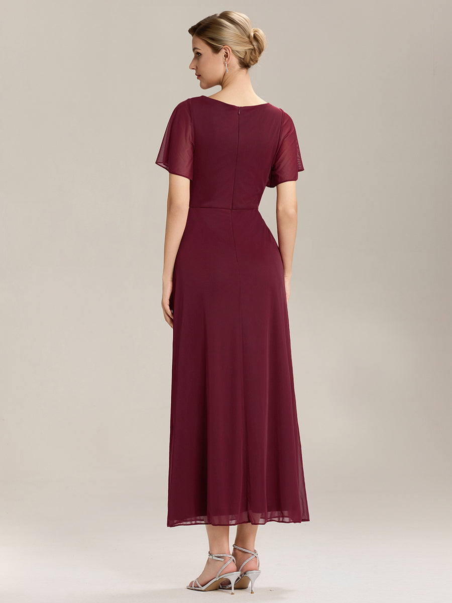 Rhinestone Embellished Chiffon Ruffle Sleeve Mother of the Bride Dress #color_Burgundy