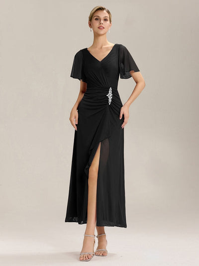 Rhinestone Embellished Chiffon Ruffle Sleeve Mother of the Bride Dress #color_Black