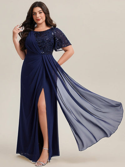 Plus Size Flowing Ribbons Chiffon Dress #color_Navy Blue