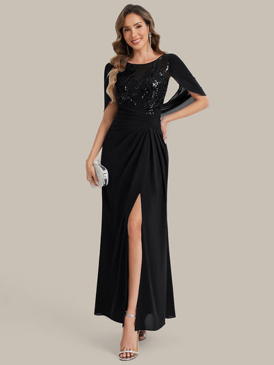 Sequin Bodice and Draped Cape Sleeves Dress