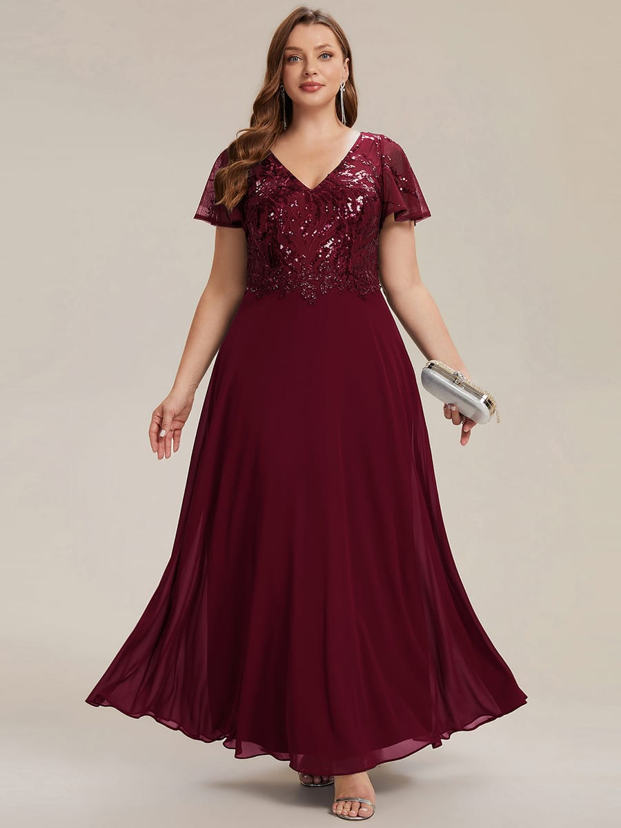 Applique Sequin Ruffle Sleeve Dress #color_Burgundy