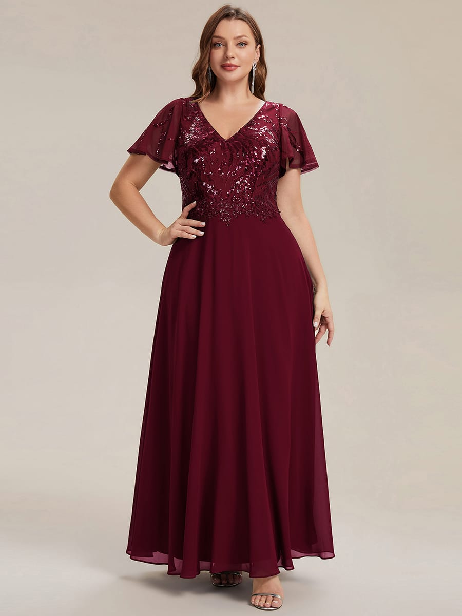Applique Sequin Ruffle Sleeve Dress #color_Burgundy