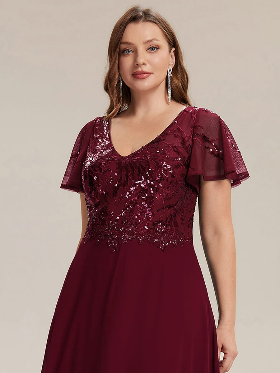 Applique Sequin Ruffle Sleeve Dress #color_Burgundy
