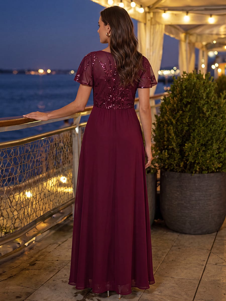 Applique Sequin Ruffle Sleeve Dress #color_Burgundy