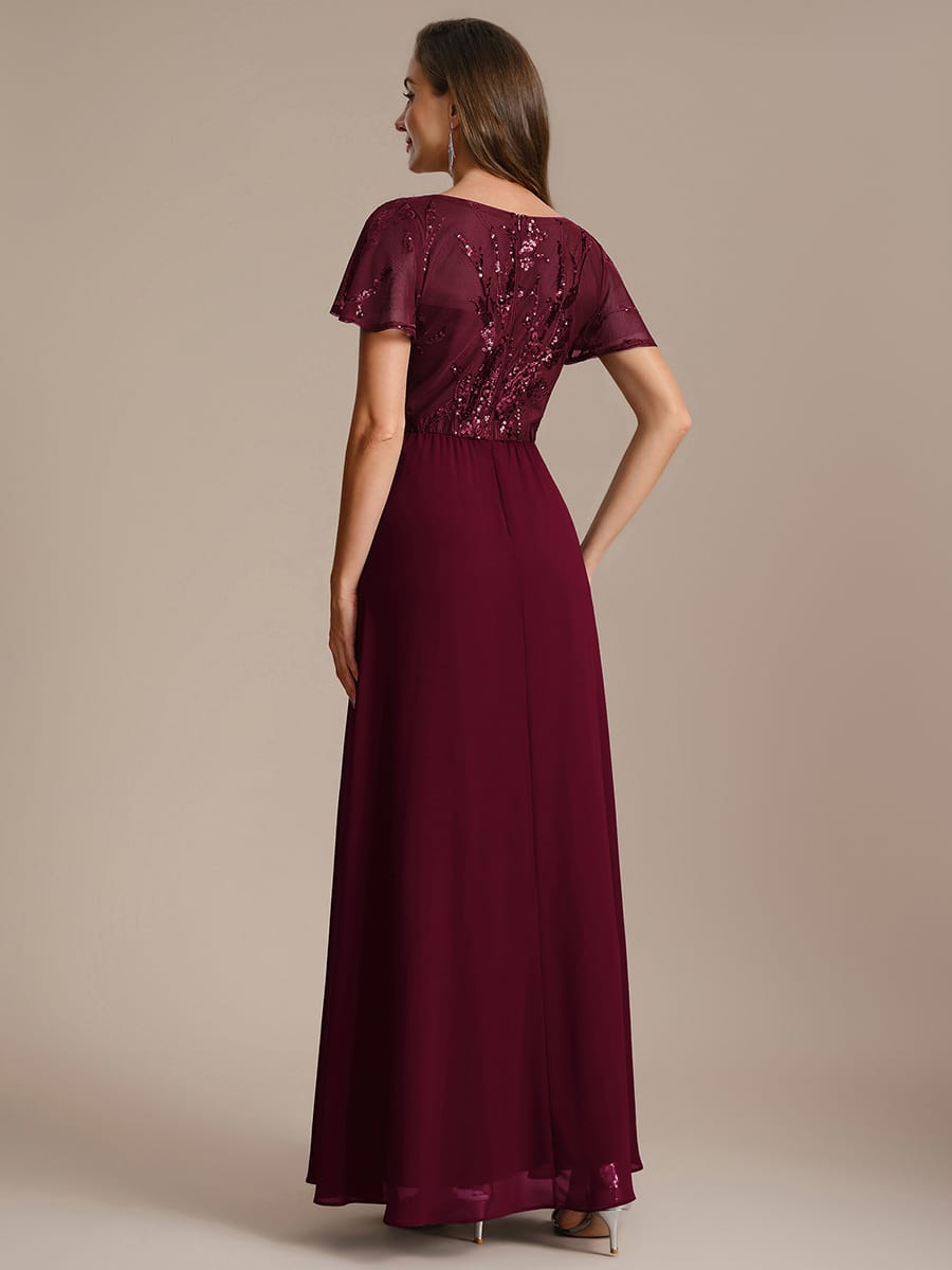 Applique Sequin Ruffle Sleeve Dress #color_Burgundy