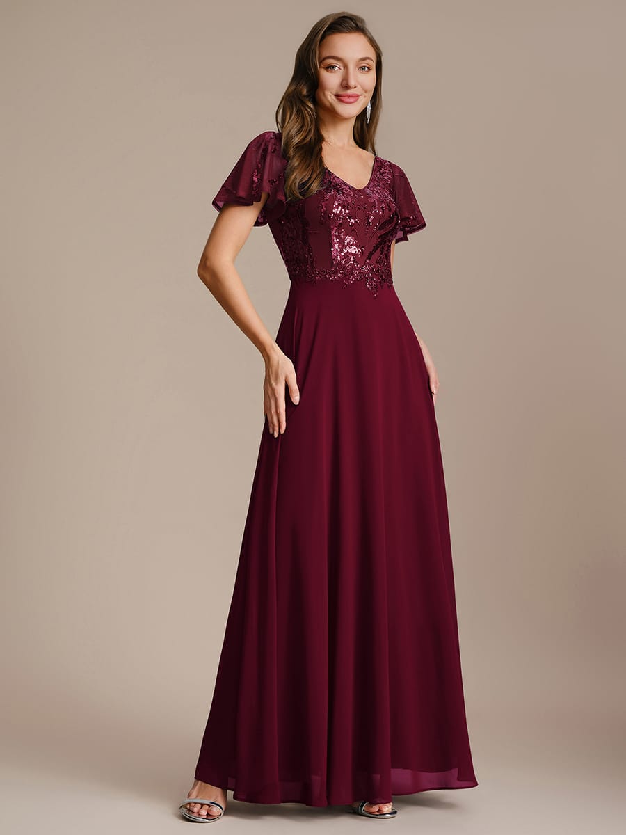 Applique Sequin Ruffle Sleeve Dress #color_Burgundy