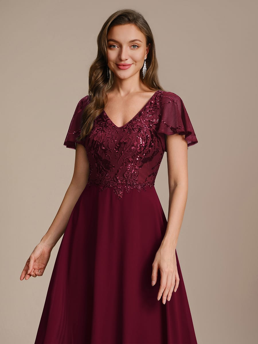 Applique Sequin Ruffle Sleeve Dress #color_Burgundy