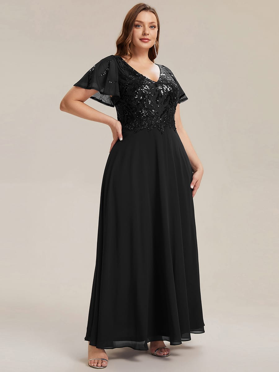 Applique Sequin Ruffle Sleeve Dress #color_Black