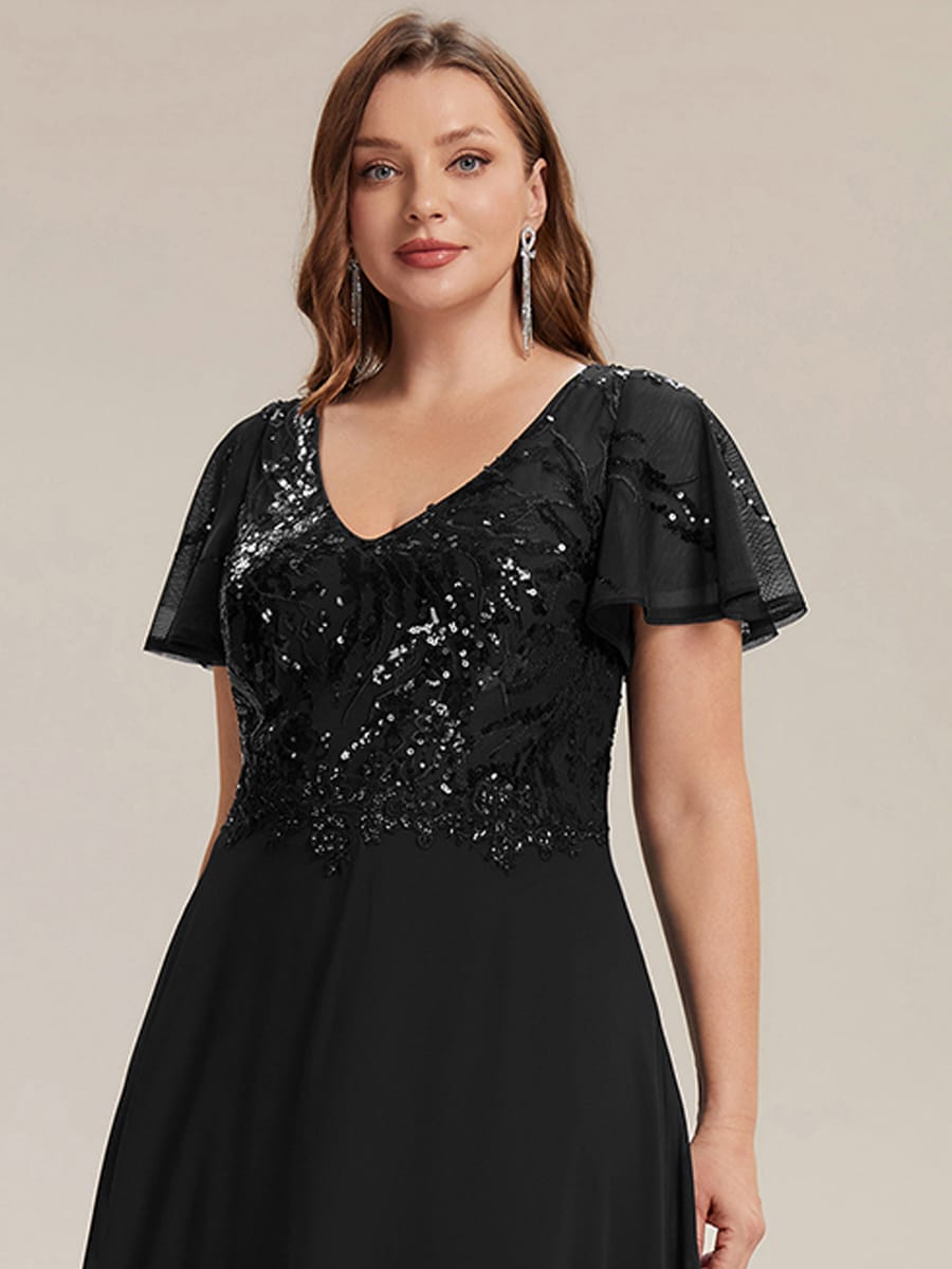Applique Sequin Ruffle Sleeve Dress #color_Black