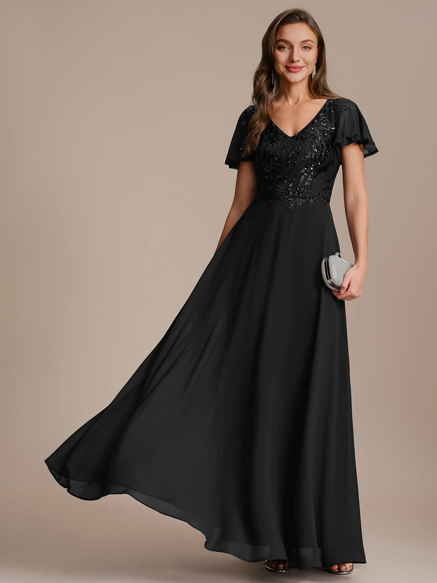 Applique Sequin Ruffle Sleeve Dress #color_Black