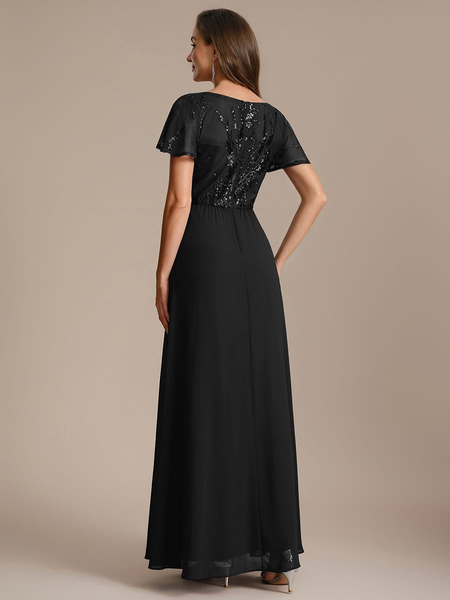 Applique Sequin Ruffle Sleeve Dress #color_Black