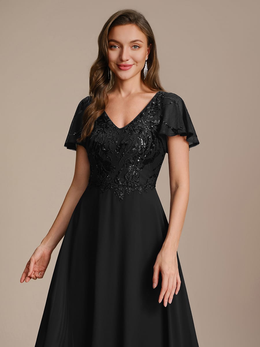 Applique Sequin Ruffle Sleeve Dress #color_Black