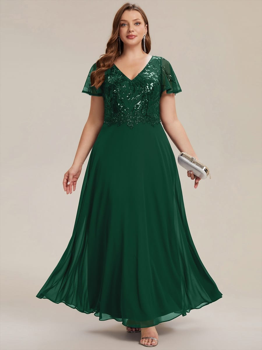 Applique Sequin Ruffle Sleeve Dress #color_Dark Green