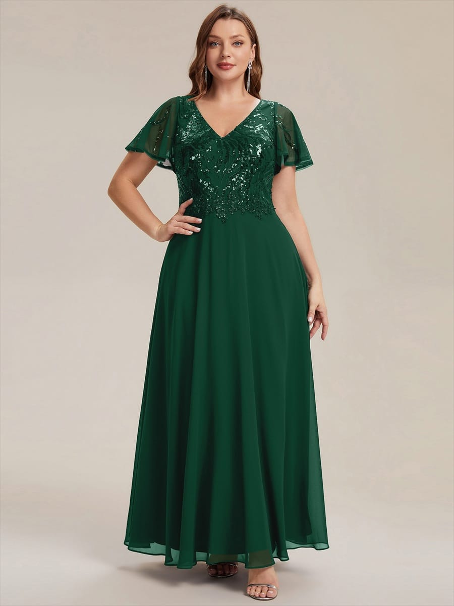 Applique Sequin Ruffle Sleeve Dress #color_Dark Green