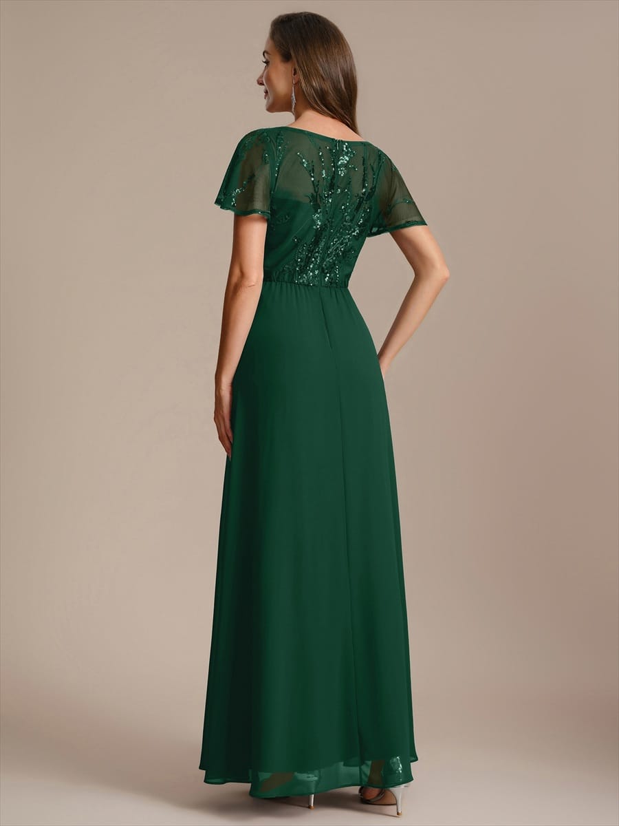 Applique Sequin Ruffle Sleeve Dress #color_Dark Green