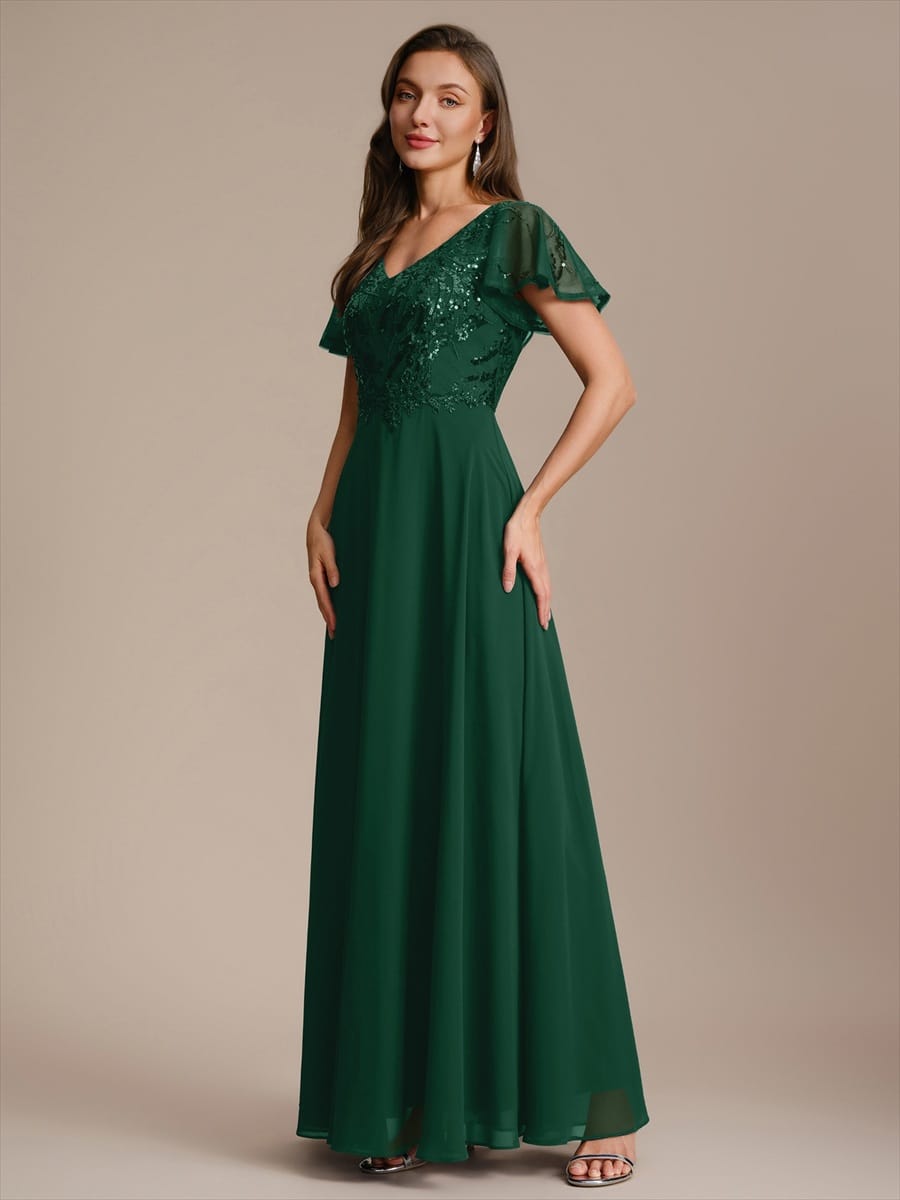 Applique Sequin Ruffle Sleeve Dress #color_Dark Green
