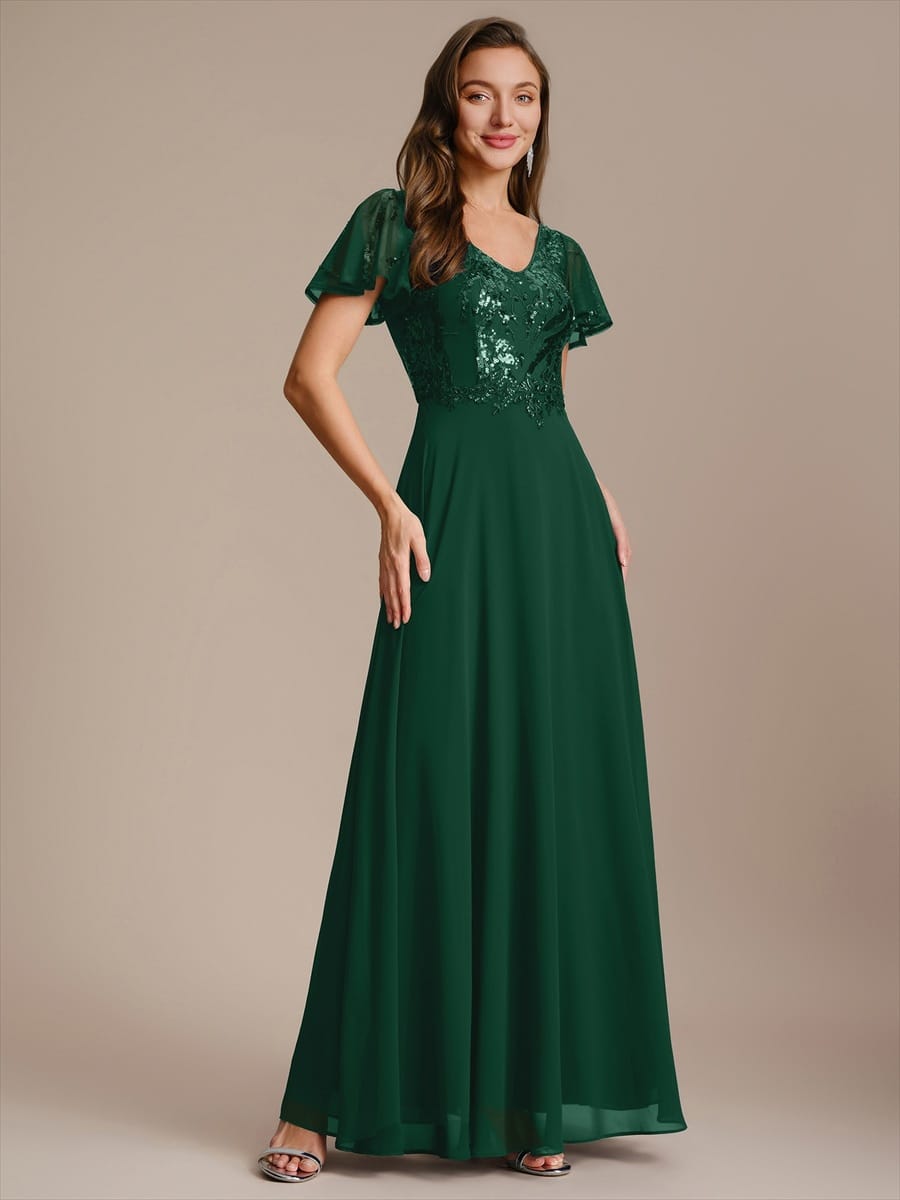 Applique Sequin Ruffle Sleeve Dress #color_Dark Green