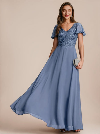 Applique Sequin Ruffle Sleeve Dress