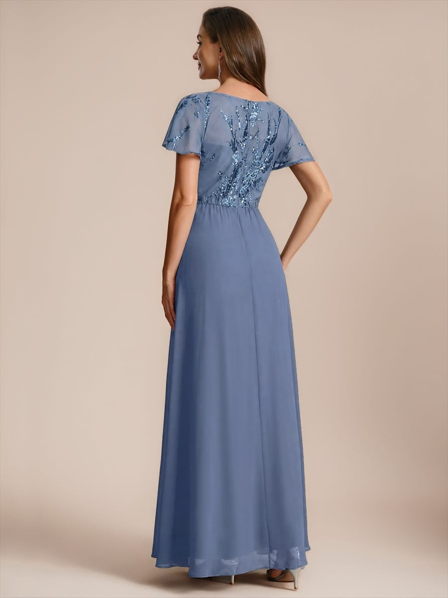 Applique Sequin Ruffle Sleeve Dress #color_Dusty Blue