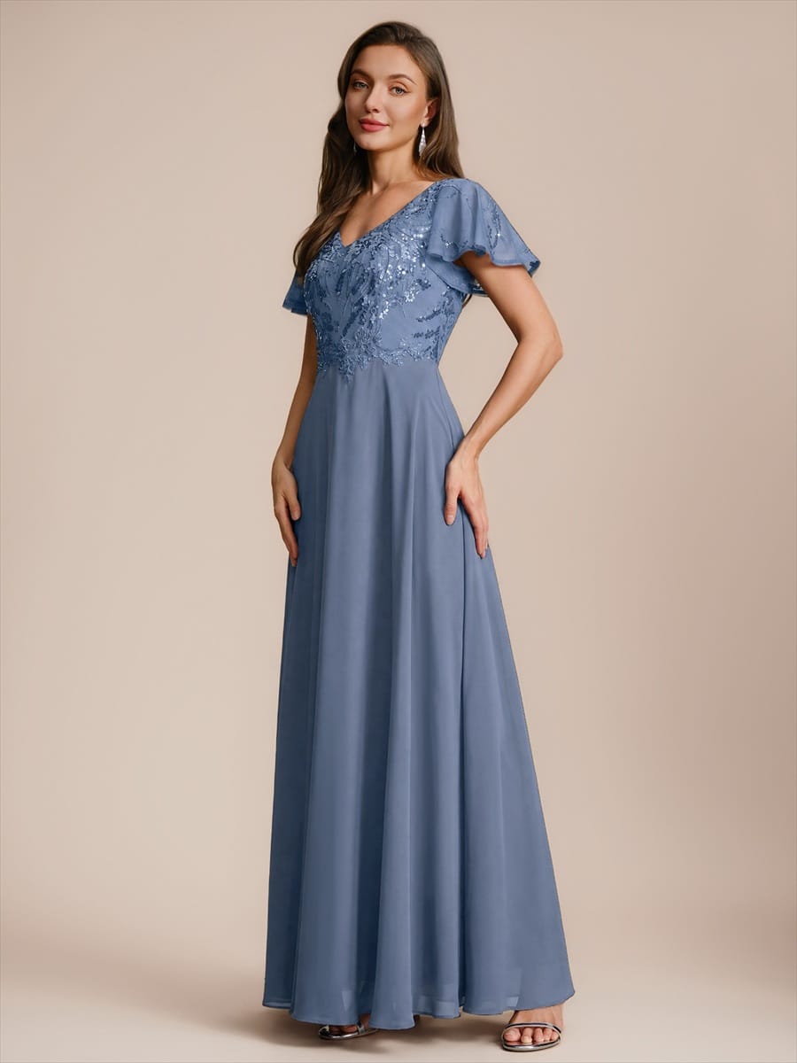 Applique Sequin Ruffle Sleeve Dress #color_Dusty Blue