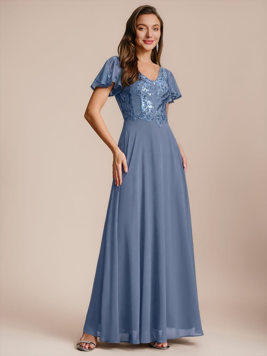 Applique Sequin Ruffle Sleeve Dress #color_Dusty Blue