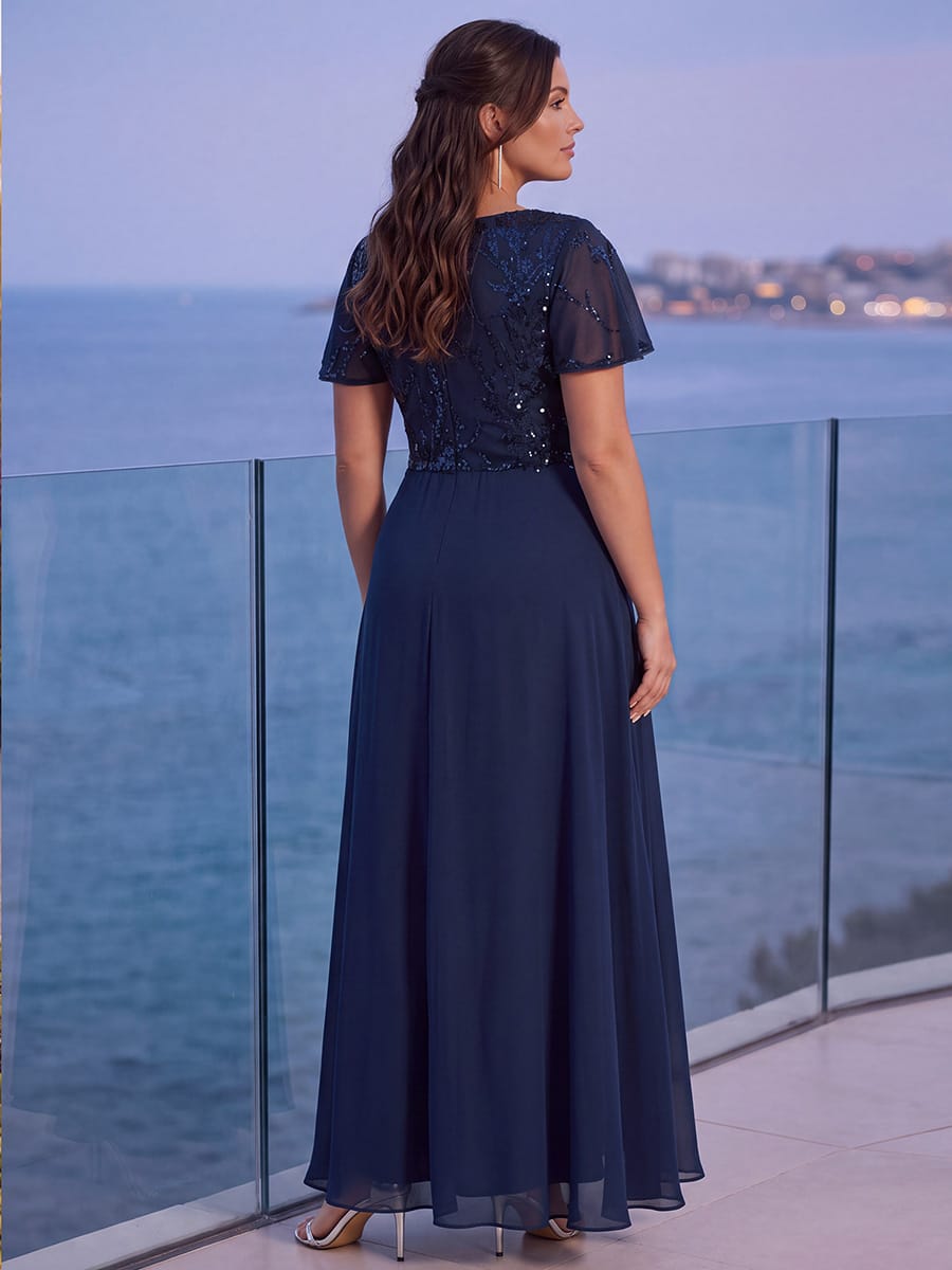 Applique Sequin Ruffle Sleeve Dress #color_Navy Blue