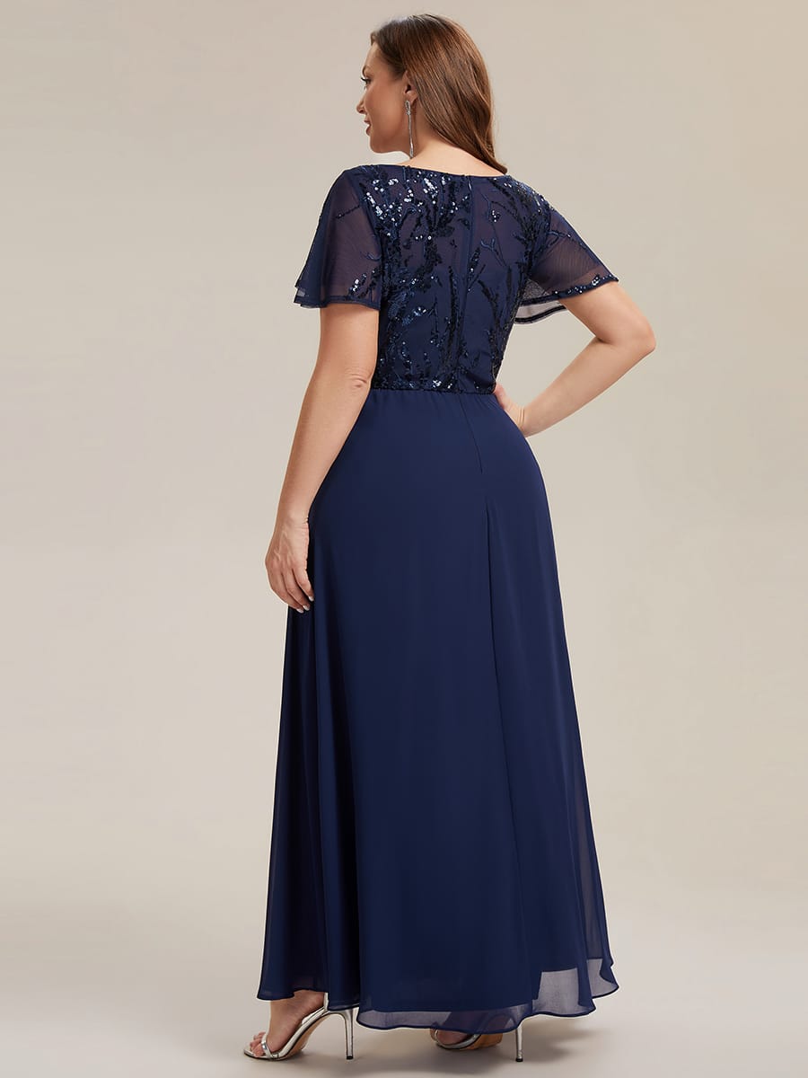 Applique Sequin Ruffle Sleeve Dress #color_Navy Blue