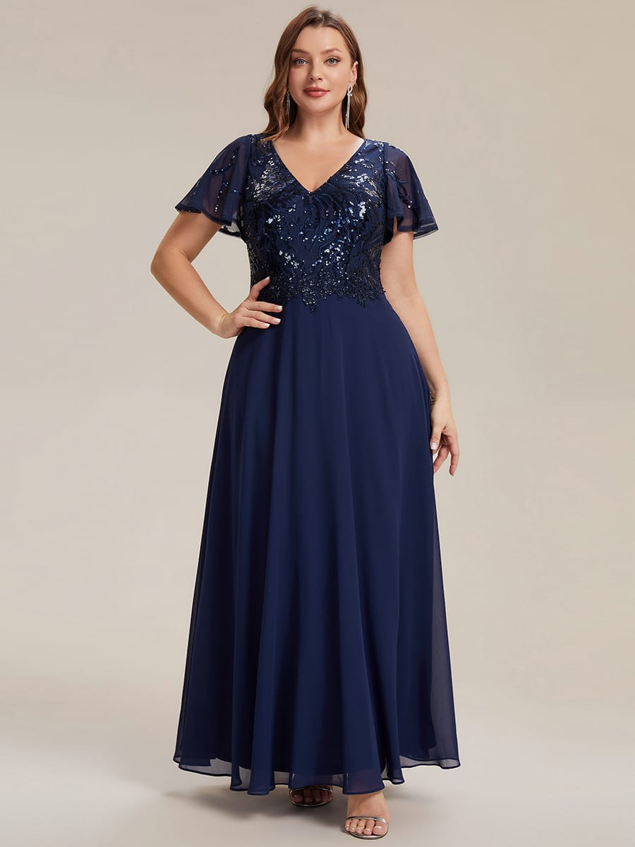 Applique Sequin Ruffle Sleeve Dress #color_Navy Blue