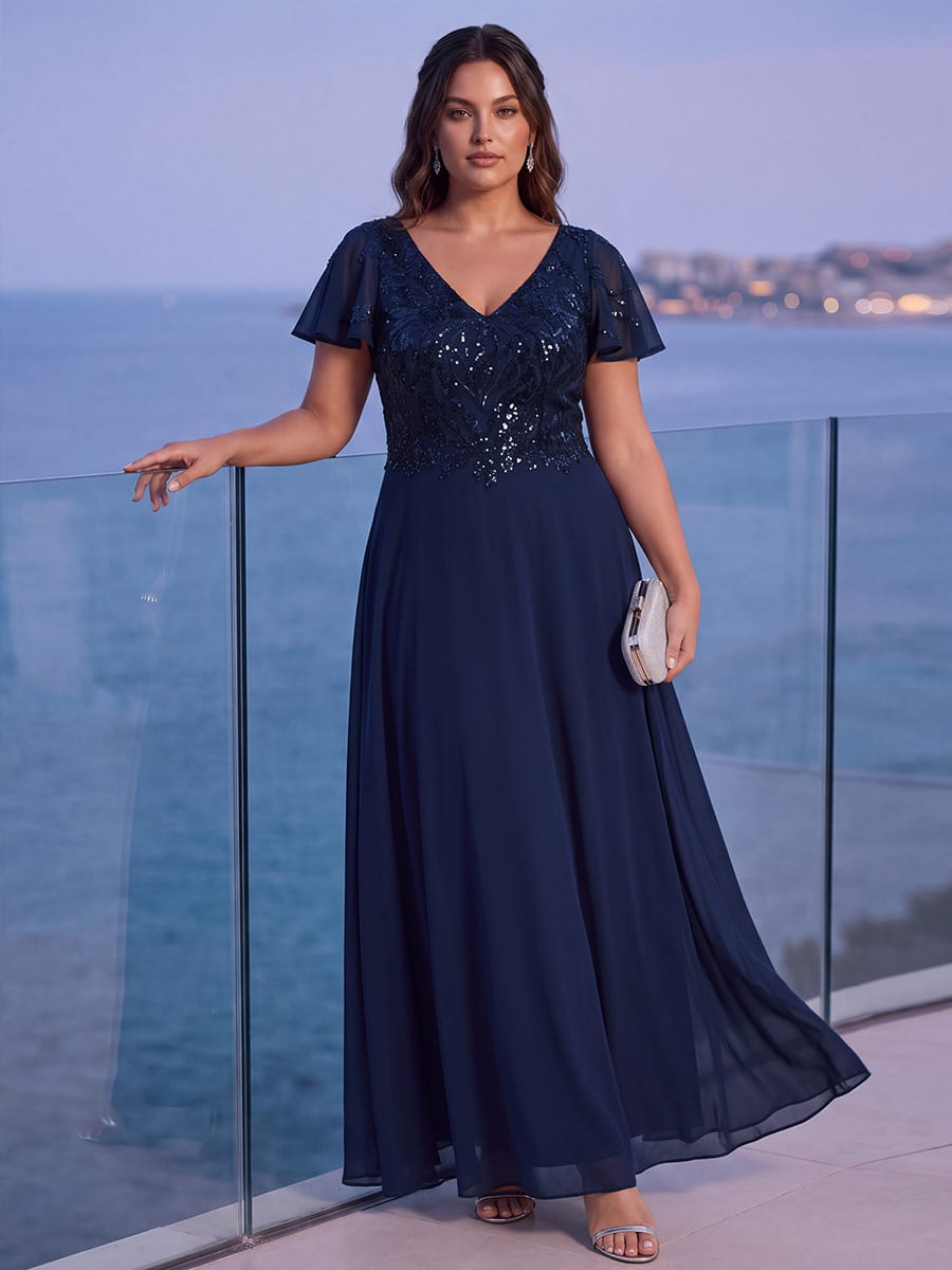 Applique Sequin Ruffle Sleeve Dress #color_Navy Blue
