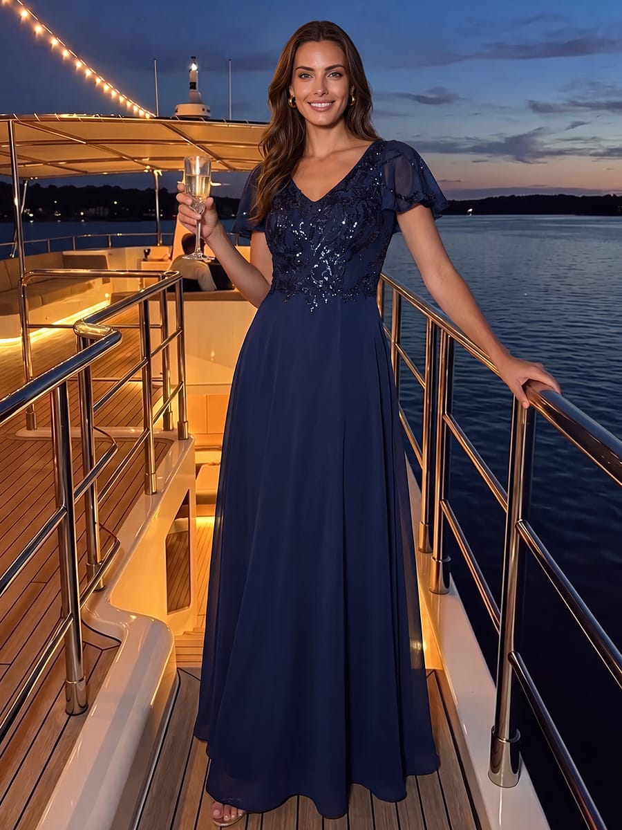 Applique Sequin Ruffle Sleeve Dress #color_Navy Blue