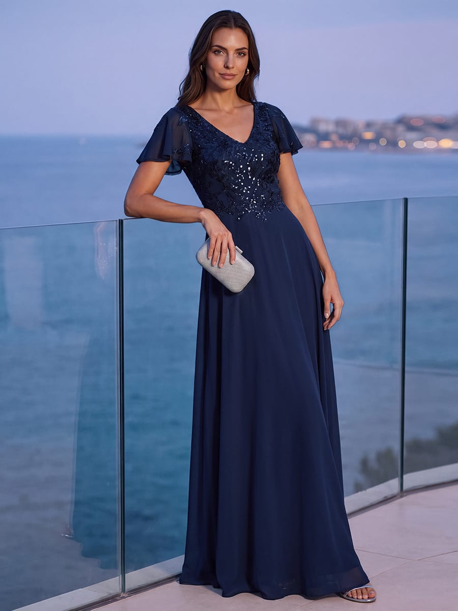 Applique Sequin Ruffle Sleeve Dress #color_Navy Blue