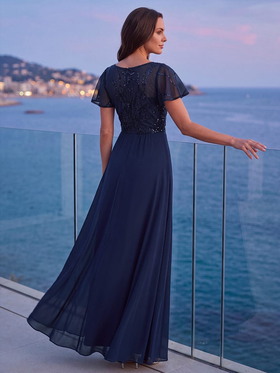 Applique Sequin Ruffle Sleeve Dress #color_Navy Blue