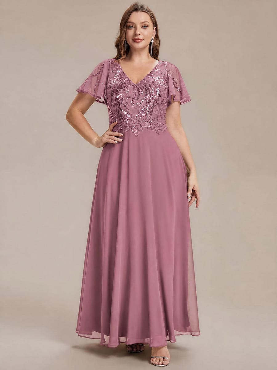 Applique Sequin Ruffle Sleeve Dress #color_Purple Orchid