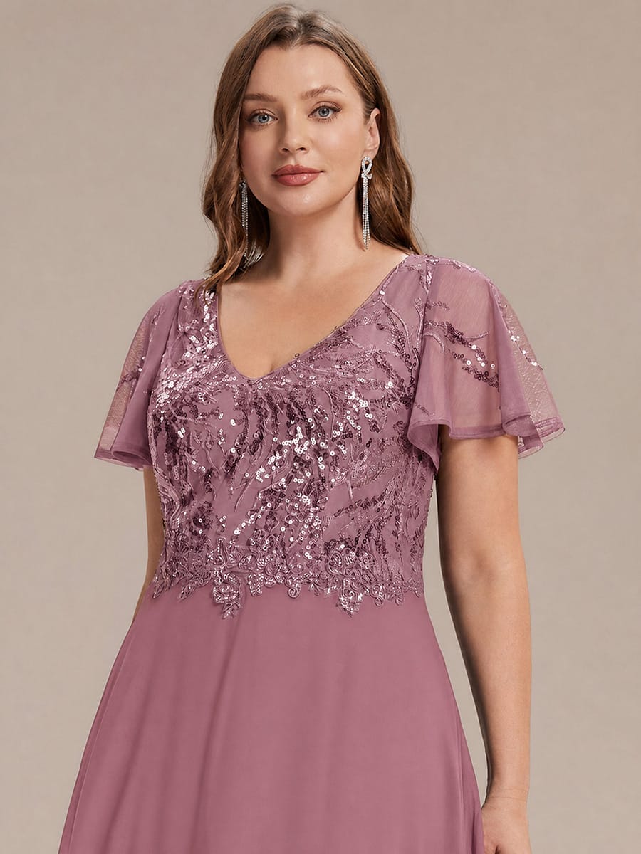 Applique Sequin Ruffle Sleeve Dress #color_Purple Orchid