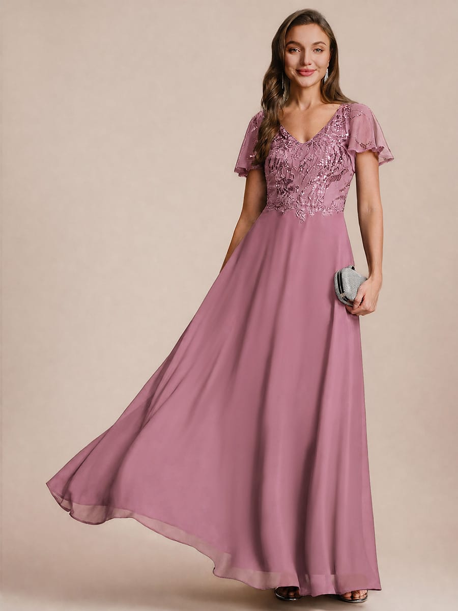 Applique Sequin Ruffle Sleeve Dress #color_Purple Orchid