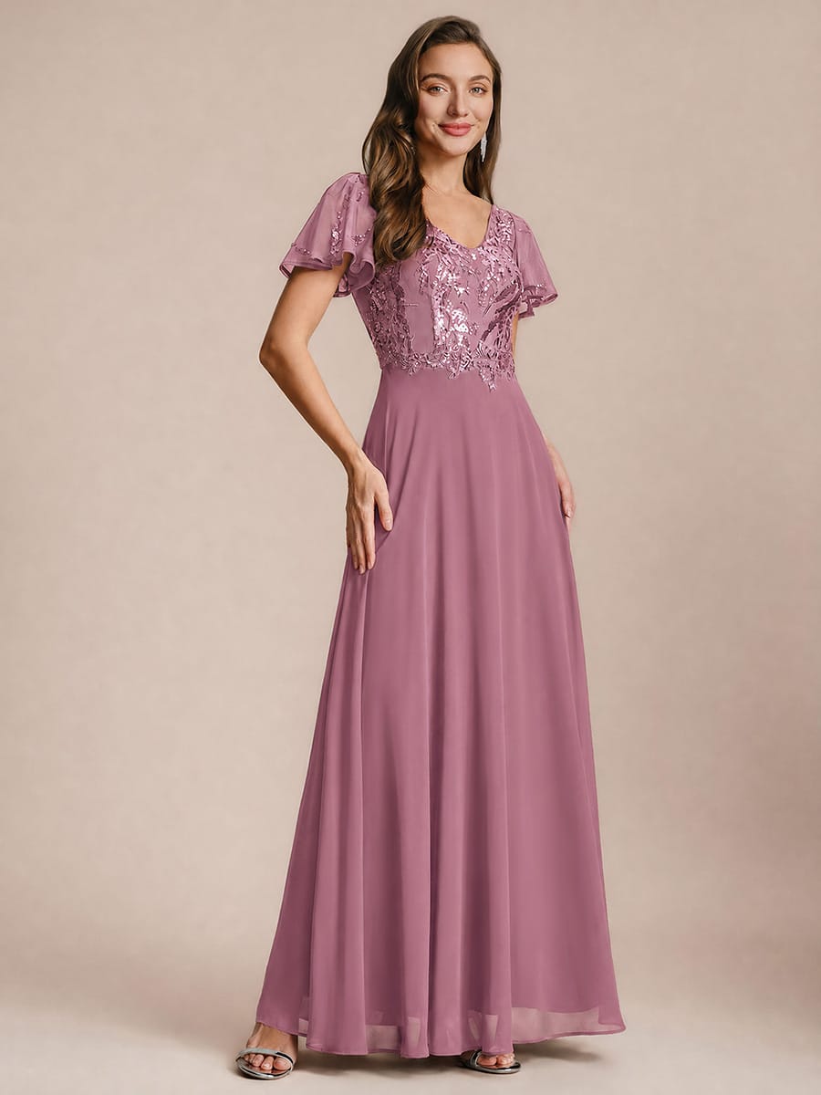 Applique Sequin Ruffle Sleeve Dress #color_Purple Orchid