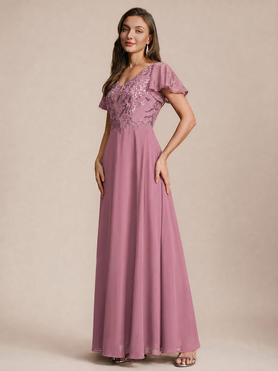 Applique Sequin Ruffle Sleeve Dress #color_Purple Orchid
