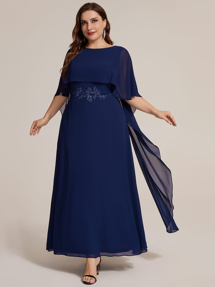 Chiffon Cape Sleeve A-line Dress #color_Navy Blue