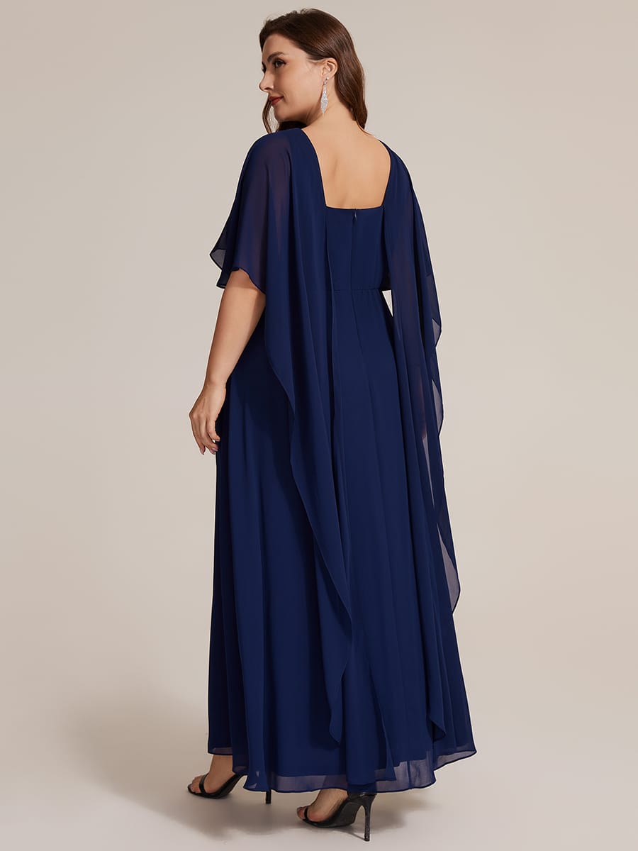 Chiffon Cape Sleeve A-line Dress #color_Navy Blue