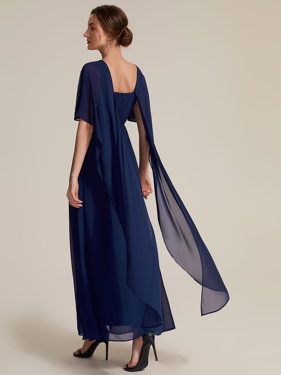 Chiffon Cape Sleeve A-line Dress #color_Navy Blue