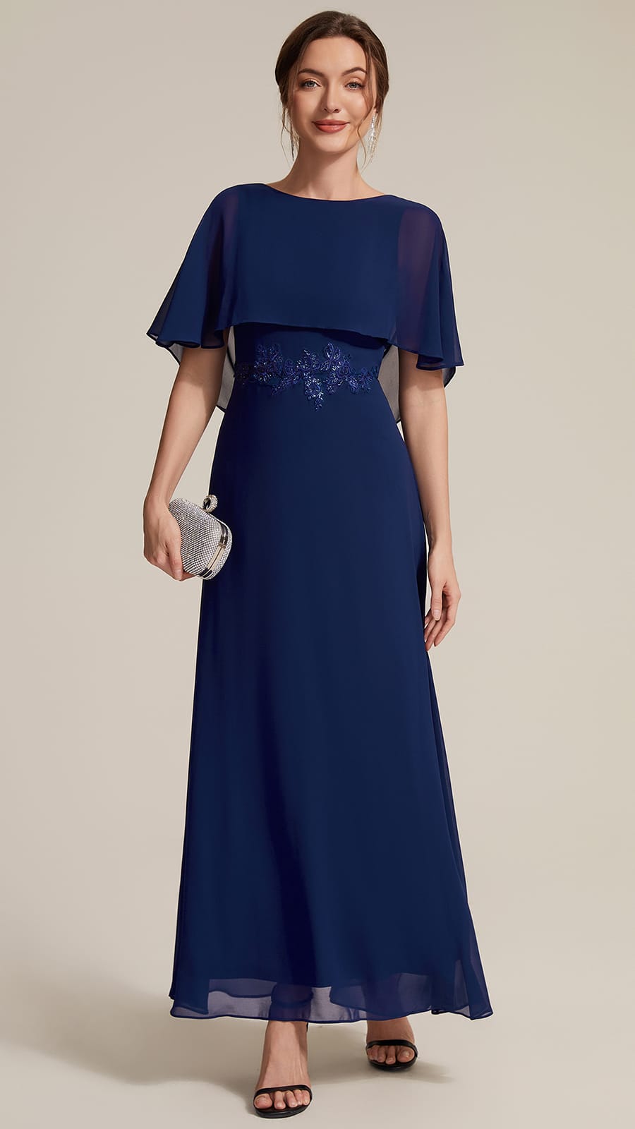 Chiffon Cape Sleeve A-line Dress #color_Navy Blue