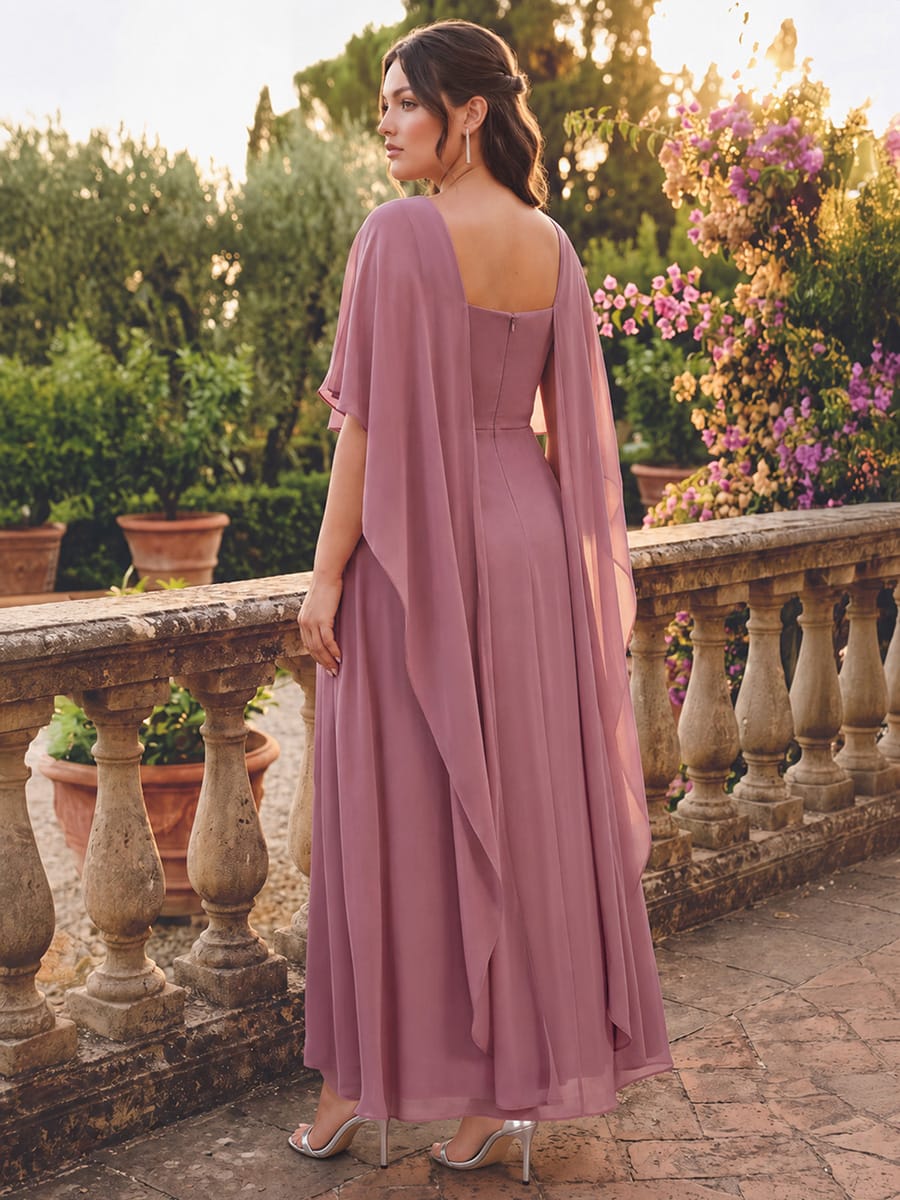 Chiffon Cape Sleeve A-line Dress #color_Purple Orchid
