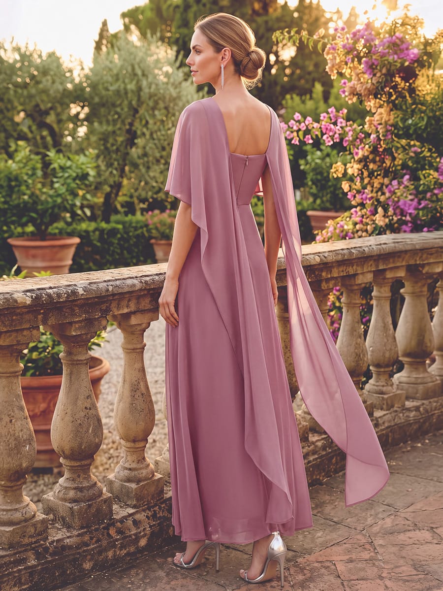 Chiffon Cape Sleeve A-line Dress #color_Purple Orchid
