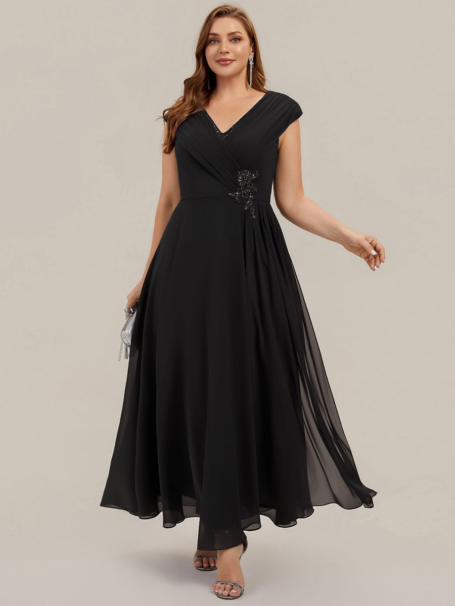 Flowing Ribbons Chiffon Cap Sleeve Dress #color_Black