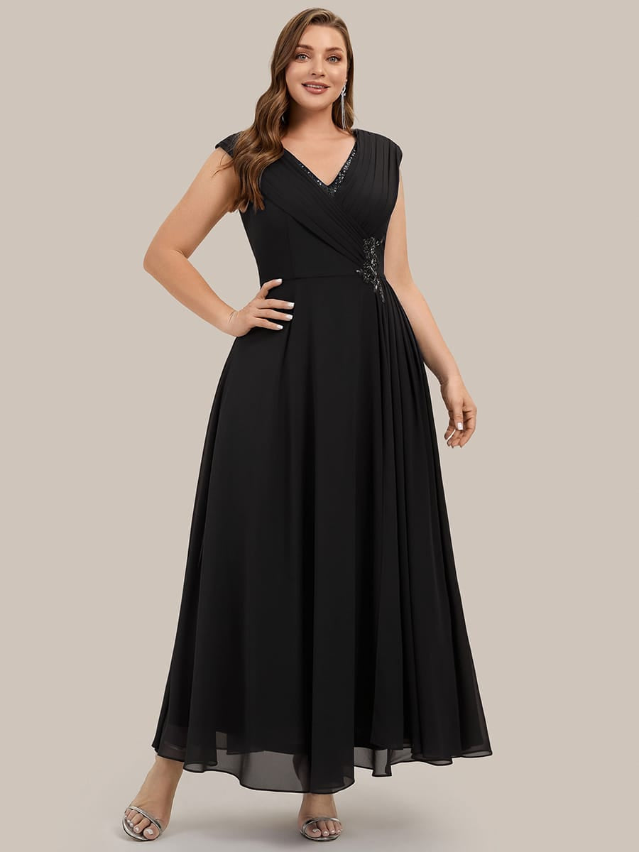 Flowing Ribbons Chiffon Cap Sleeve Dress #color_Black
