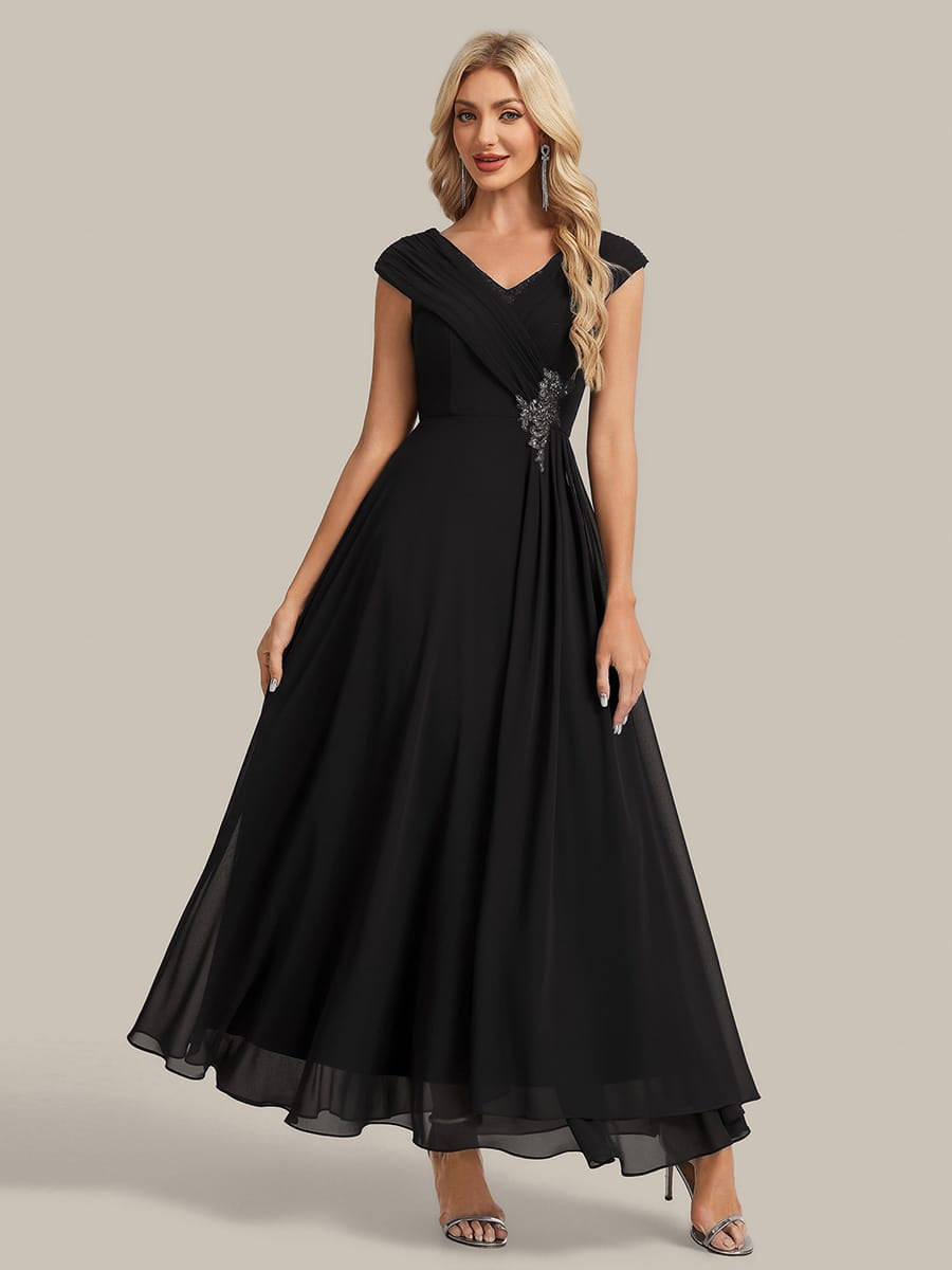 Flowing Ribbons Chiffon Cap Sleeve Dress #color_Black