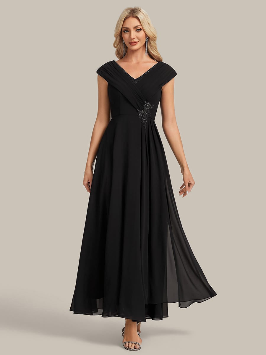 Flowing Ribbons Chiffon Cap Sleeve Dress #color_Black