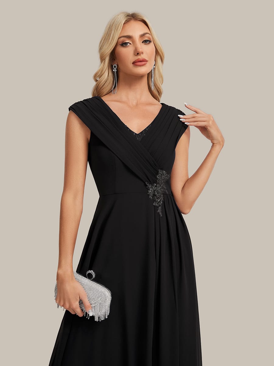 Flowing Ribbons Chiffon Cap Sleeve Dress #color_Black